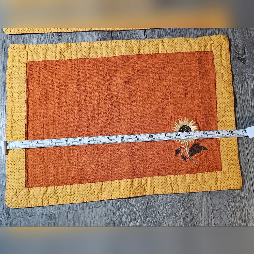 1970s Sunflower Embroidered Orange Cotton Indian Placemats